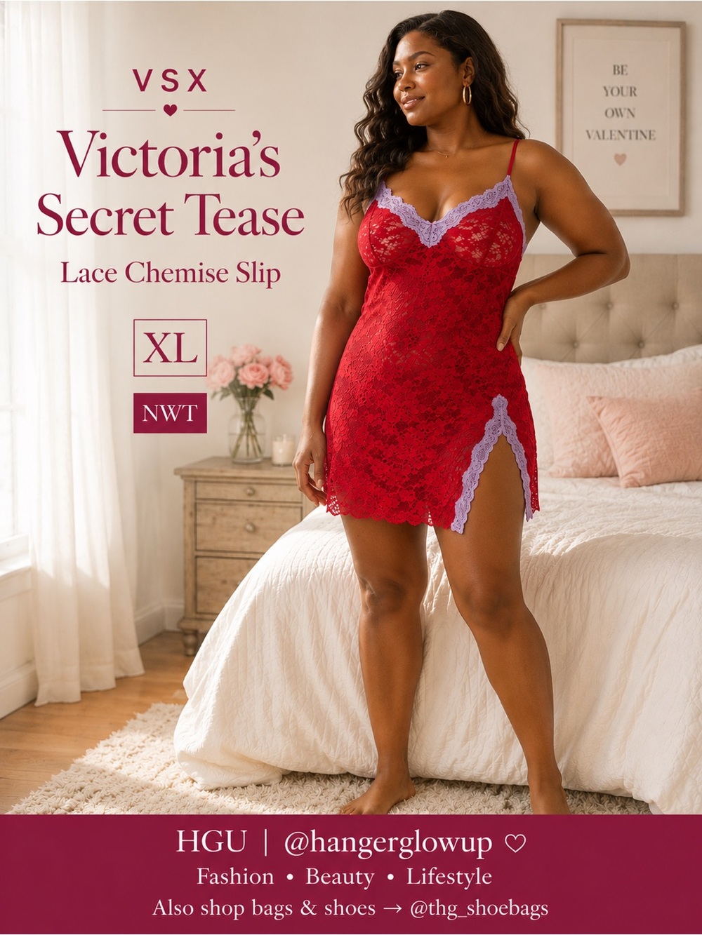 NWT Victoria’s Secret Tease Red Lace Chemise Slip XL Lavender Trim